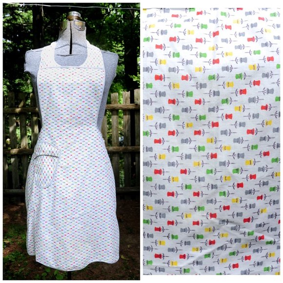 Vintage 70's Colorful Push Pins Print Full Bib Cotton Apron Seamstress Teacher